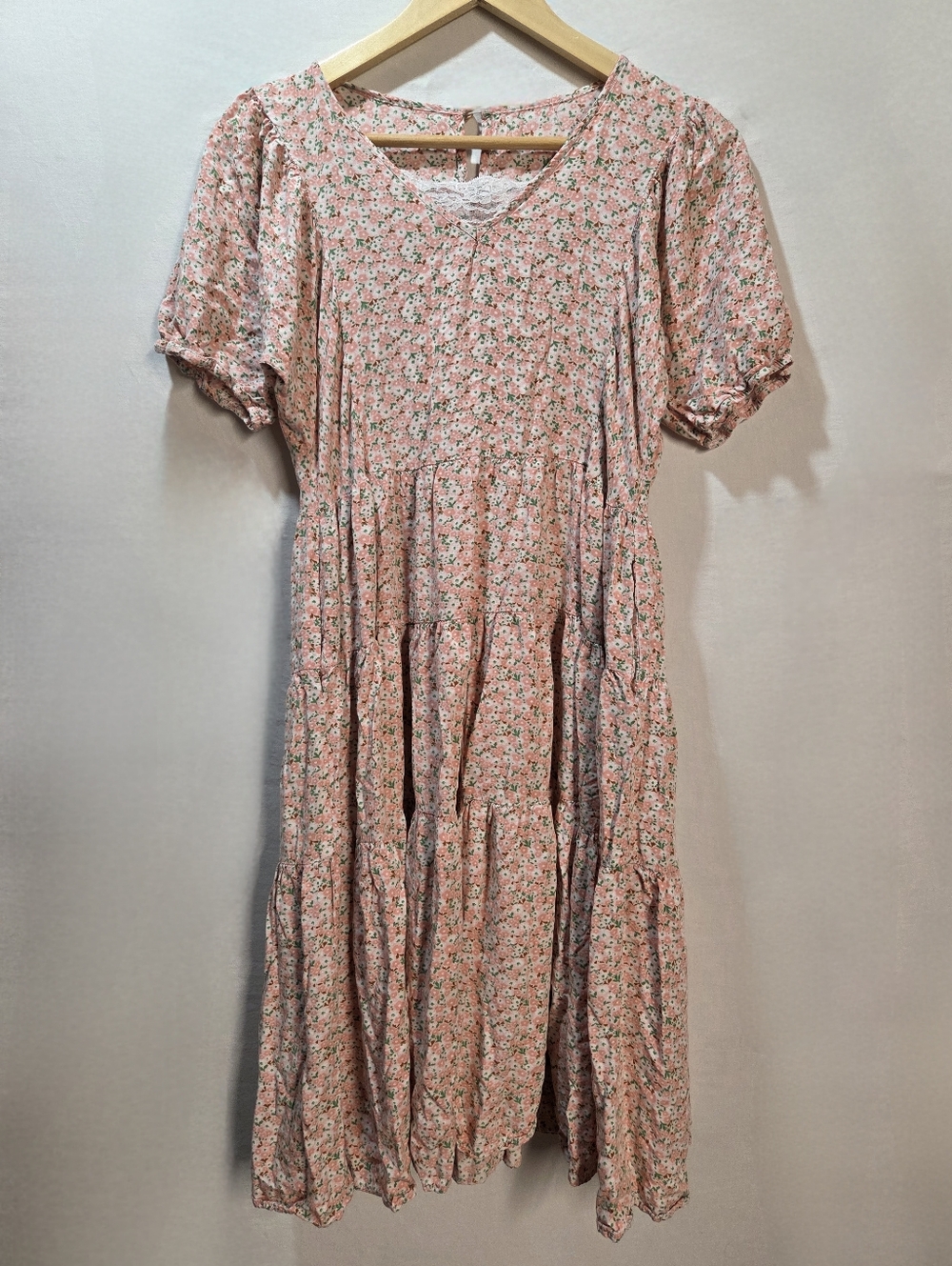 Pink Floral Print Cottagecore Loose Fit Midi Dress Tiered Ruffled Skirt Pockets